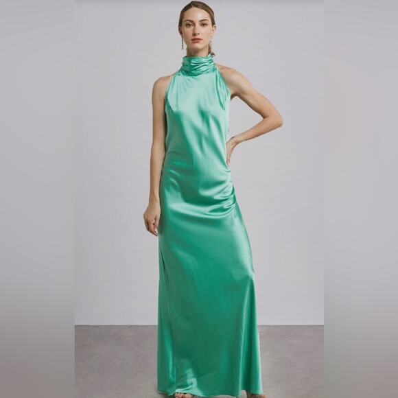 NWT Silk Maison Green Halter Cocktail Silk Maxi Dress S